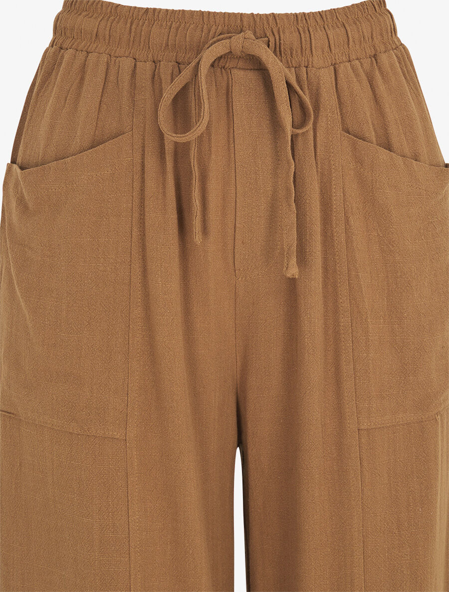Pantalon uni élastiqué effet lin - Camel - 3