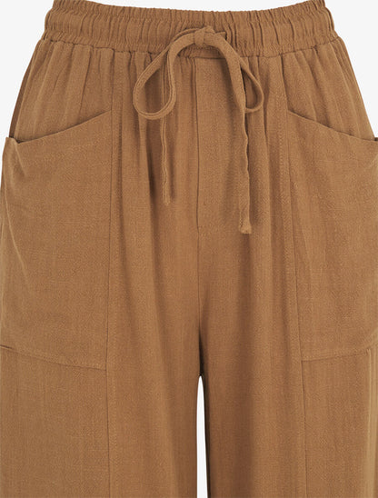 Pantalon uni élastiqué effet lin - Camel - 3