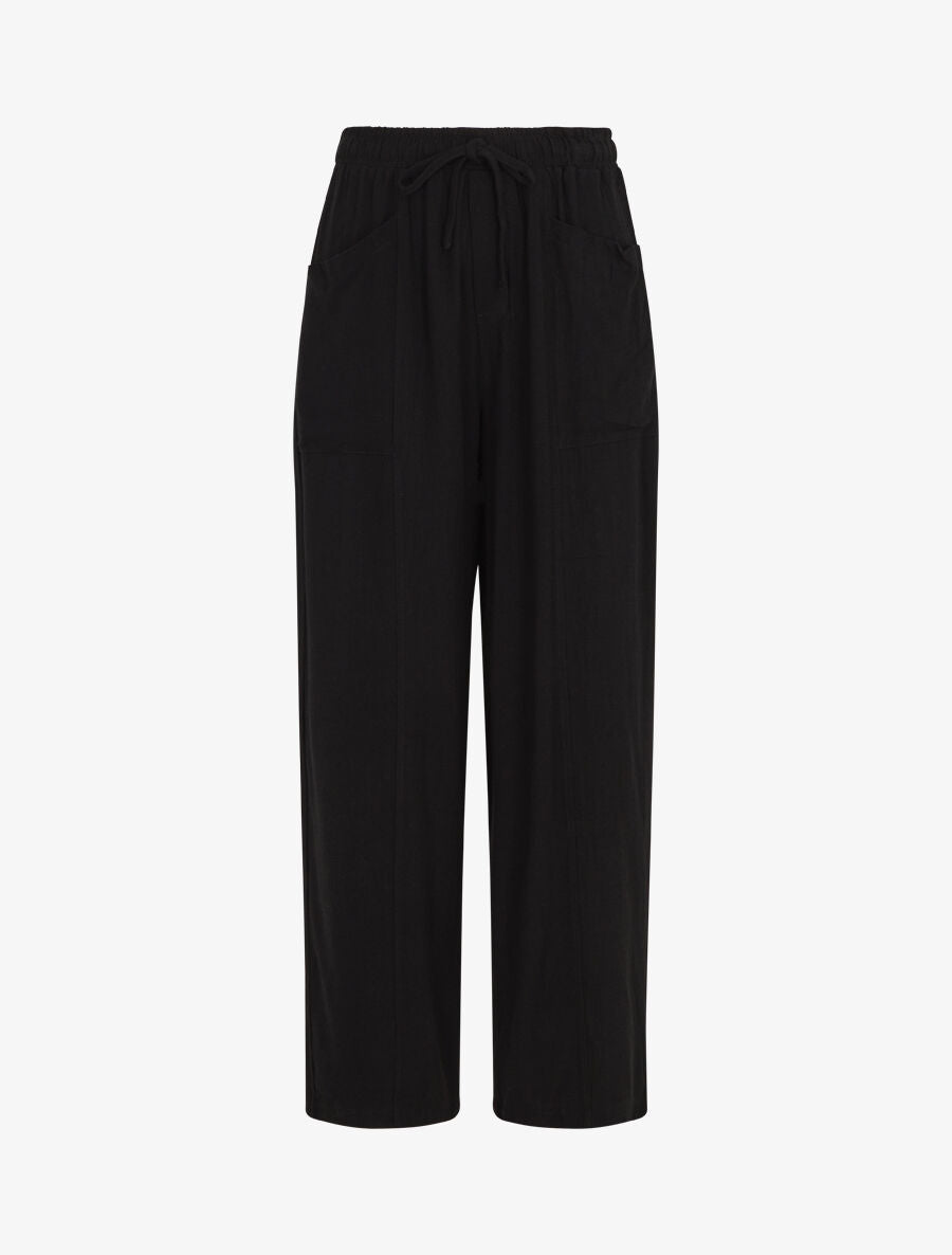 Pantalon uni élastiqué effet lin - Noir - 1