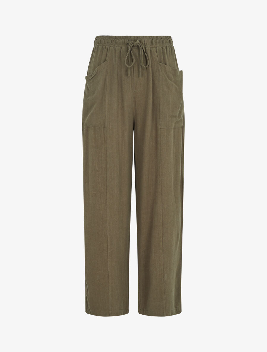 Pantalon uni élastiqué effet lin - Kaki - 4