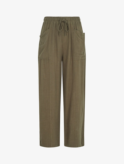 Pantalon uni élastiqué effet lin - Kaki - 4