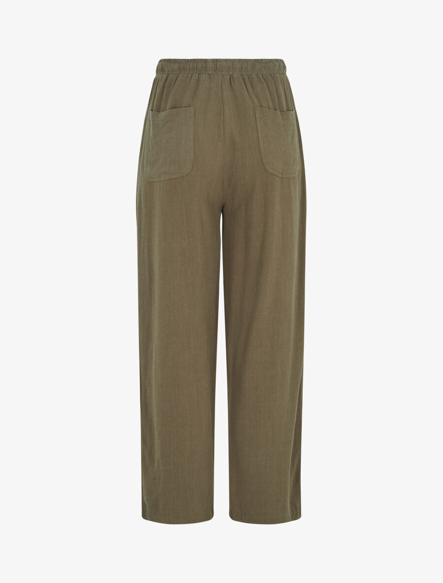 Pantalon uni élastiqué effet lin - Kaki - 2