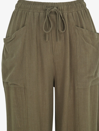 Pantalon uni élastiqué effet lin - Kaki - 3