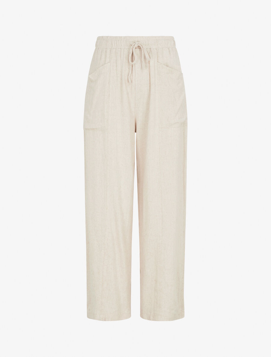 Pantalon uni élastiqué effet lin - Beige - 1