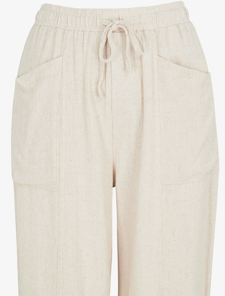 Pantalon uni élastiqué effet lin - Beige - 3