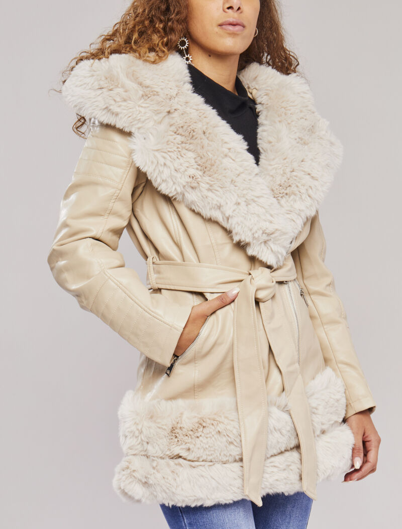 Manteau en simili à empiècement en fausse fourrure - Beige - 4