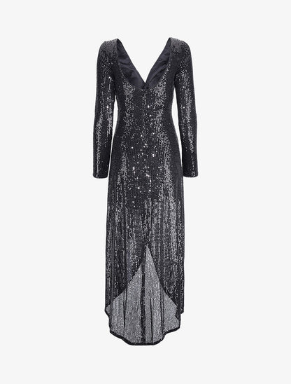 Robe longue à sequins à bords asymétriques - Noir - 2
