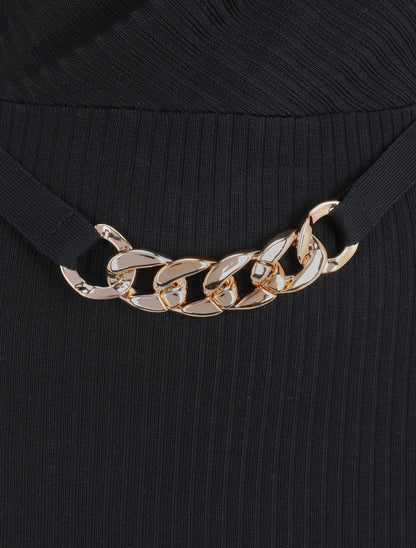 Robe cotelée à ceinture à détail chaîne - Noir - 3