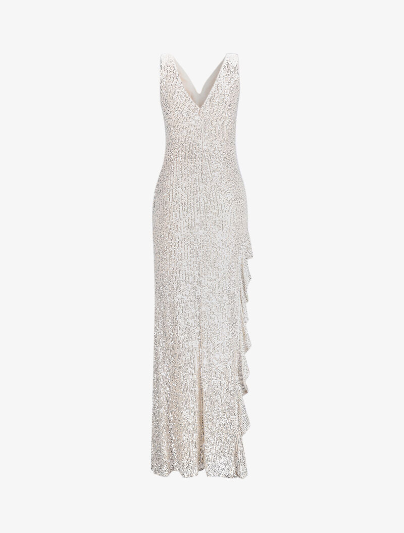 Robe longue à sequins et fente volantée - Beige - 2