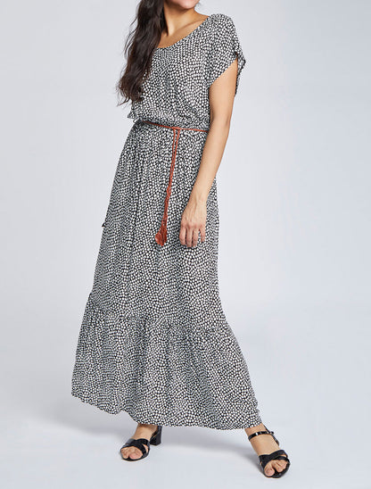 Robe longue empire manches courtes imprimé marguerites - Noir - 4