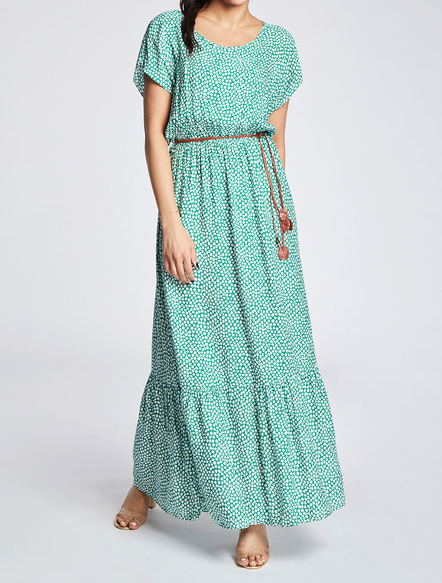 Robe longue empire manches courtes imprimé marguerites - Vert - 4