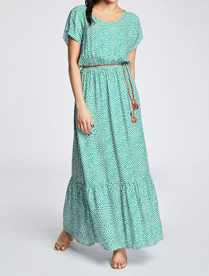 Robe longue empire manches courtes imprimé marguerites - Vert - 4
