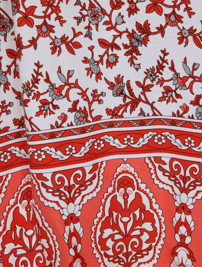 Robe longue empire à corset et imprimé fleurs stylisées - Rouge - 3