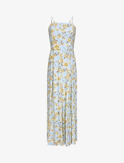 Robe longue empire fendue à imprimé roses - Bleu ciel - 1