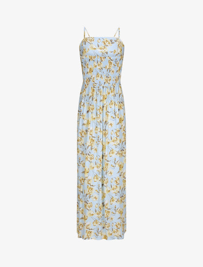 Robe longue empire fendue à imprimé roses - Bleu ciel - 2