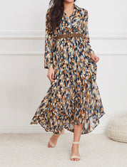 Robe longue cache-coeur à imprimé feuilles stylisées - Marine - 5