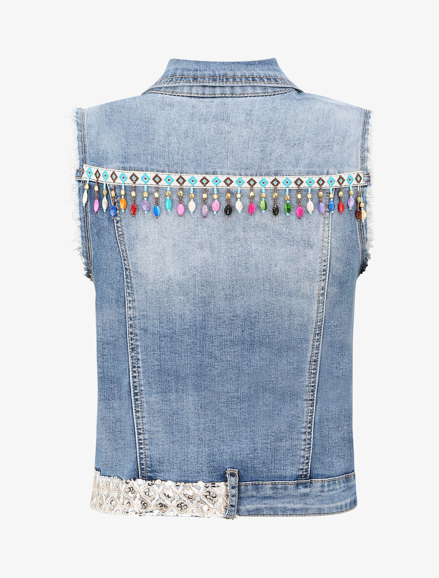 Veste en jean sans manches ornée de sequins et de perles - Bleu denim - 2
