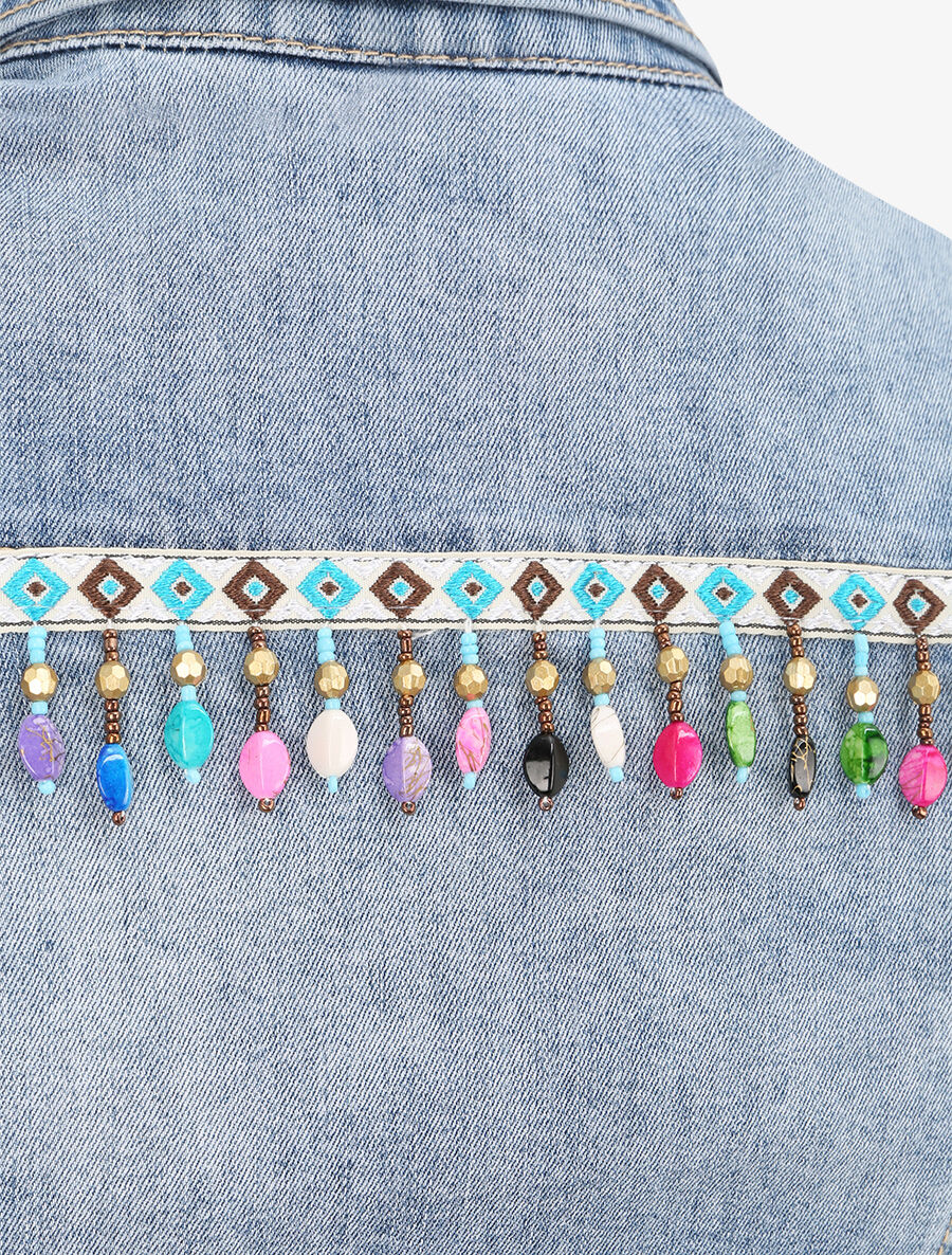 Veste en jean sans manches ornée de sequins et de perles - Bleu denim - 4