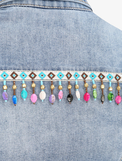 Veste en jean sans manches ornée de sequins et de perles - Bleu denim - 4