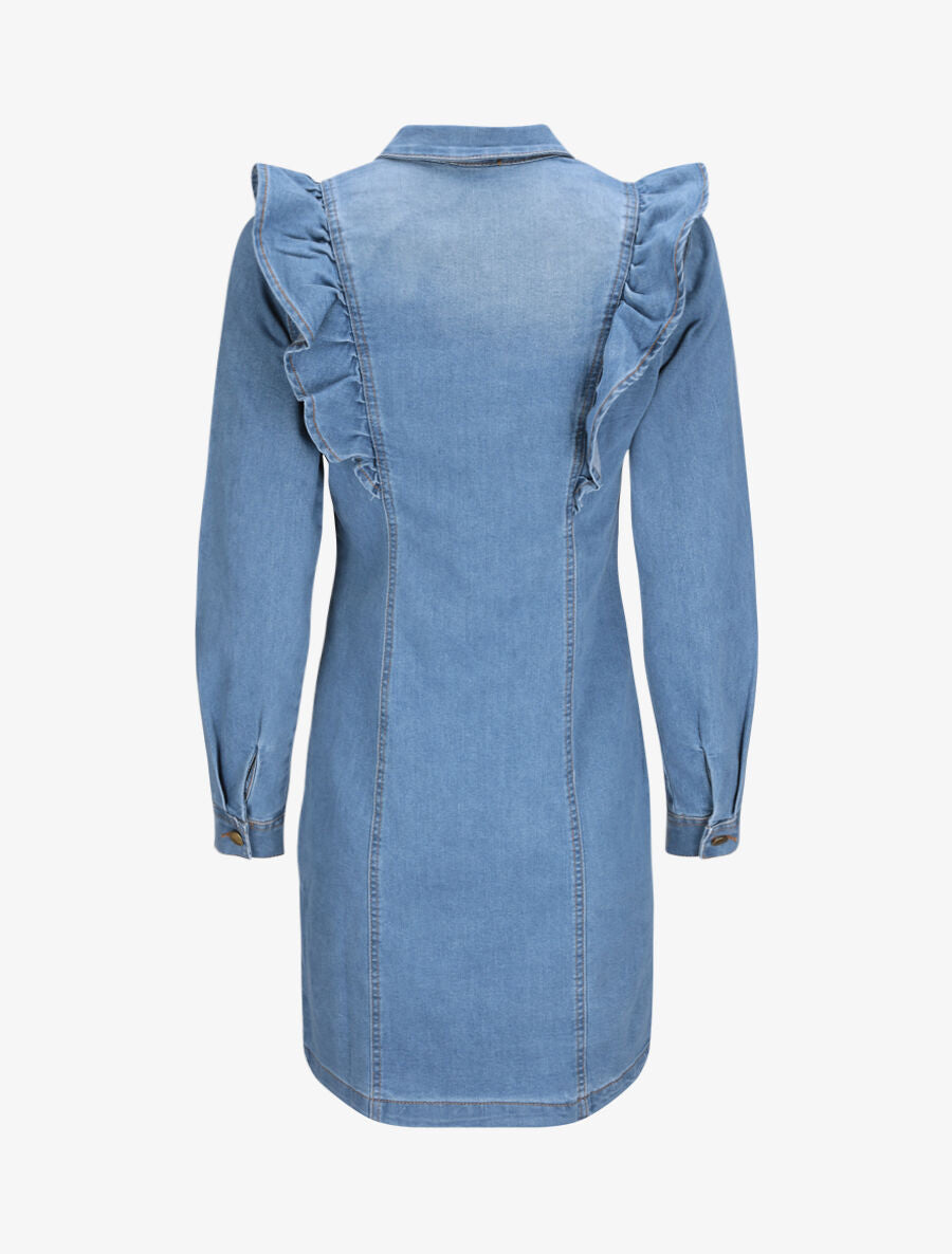 Chemise longue en jean droite à épaules volantées - Bleu - 2