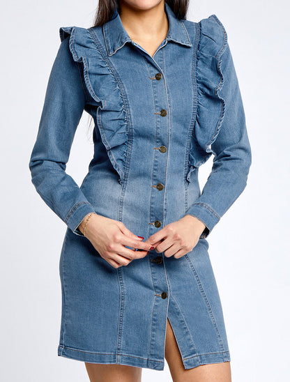 Chemise longue en jean droite à épaules volantées - Bleu - 4