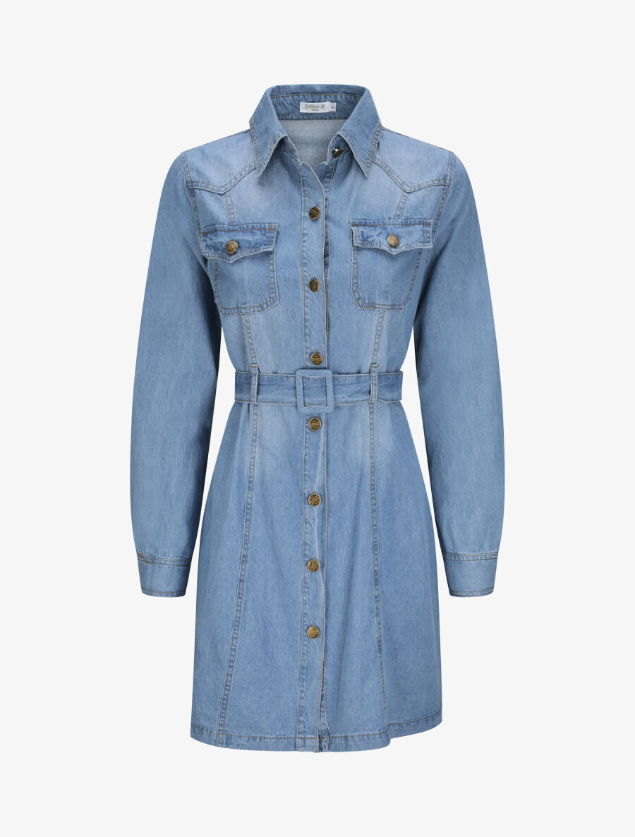 Robe chemise courte en jean droite unie - Bleu - 5