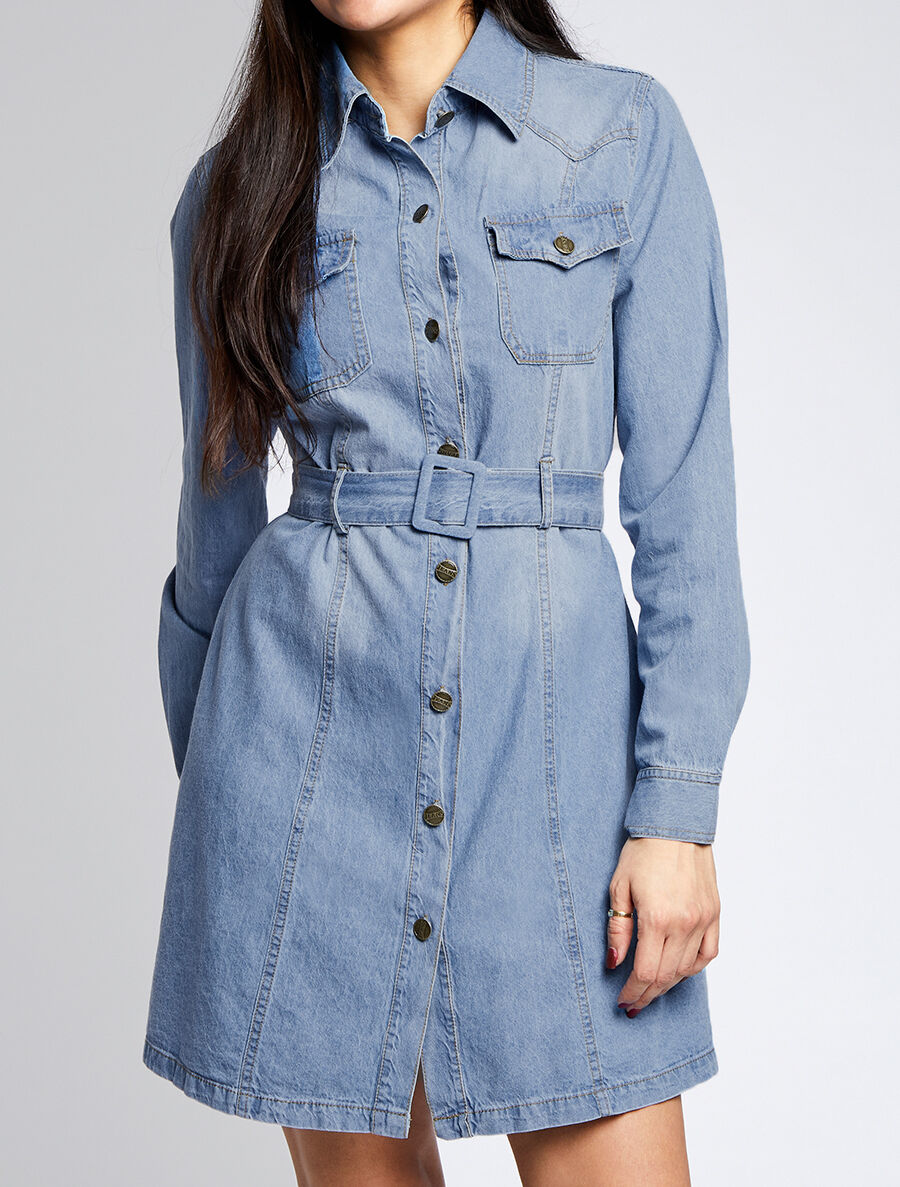 Robe chemise courte en jean droite unie - Bleu - 4