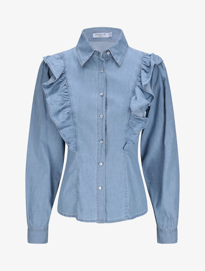 Chemise en jean cintrée unie volantée - Bleu - 4