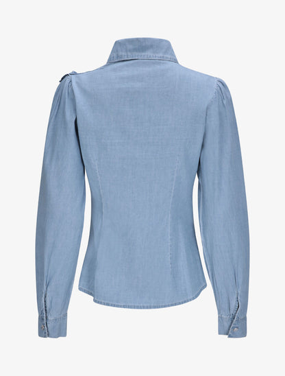 Chemise en jean cintrée unie volantée - Bleu - 2