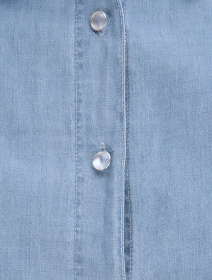 Chemise en jean cintrée unie volantée - Bleu - 3