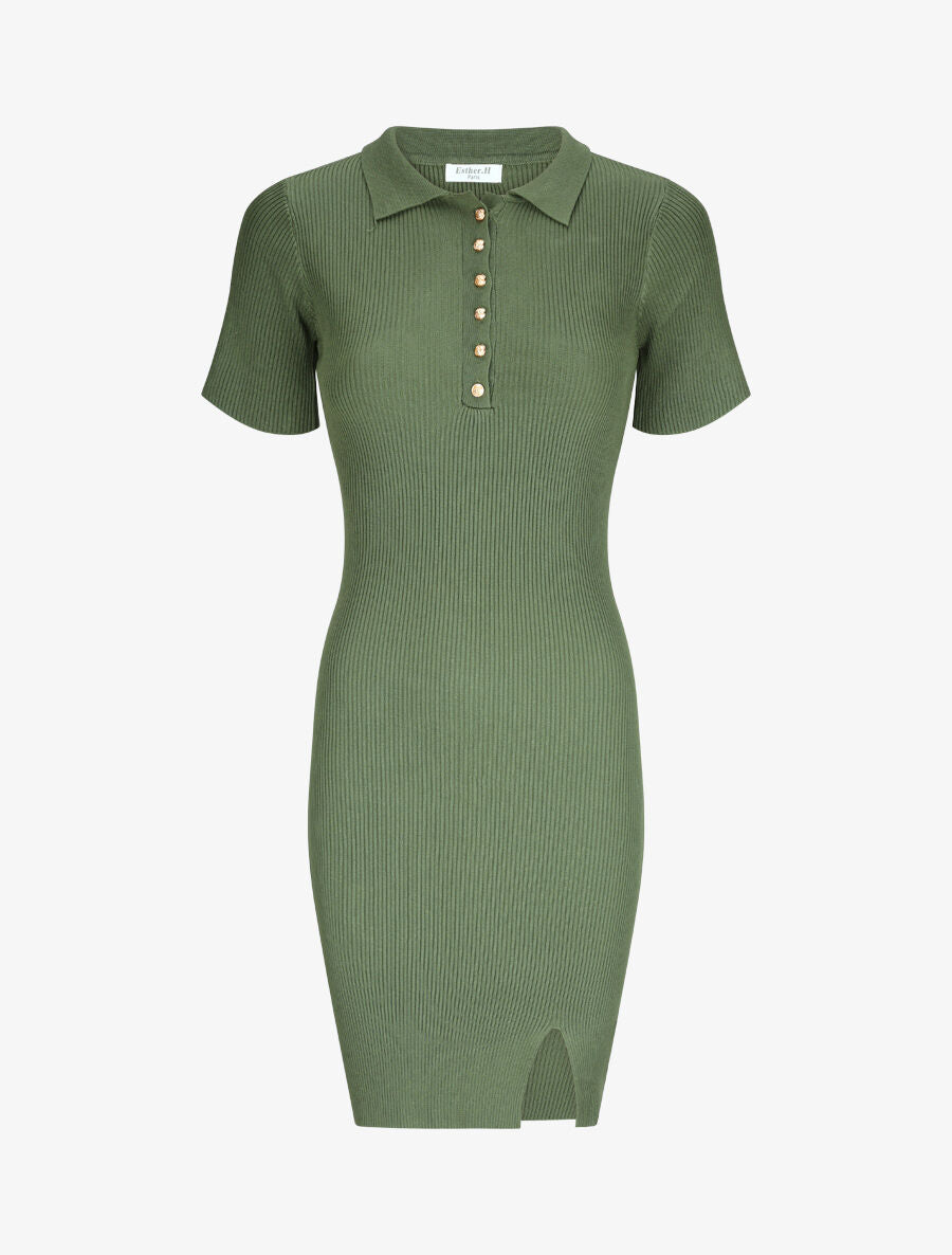Robe courte ajustée unie à col à pied - Kaki - 1