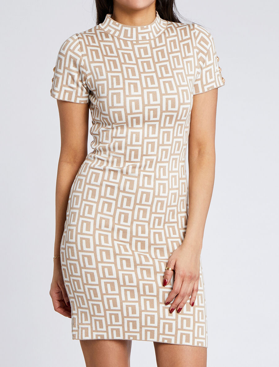 Robe courte ajustée jacquard grec - Beige - 4