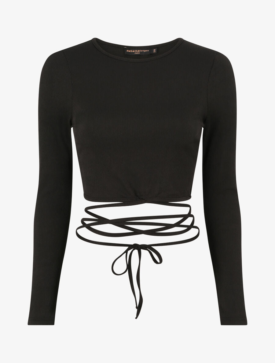 Crop top côtelé à manches longues et liens à nouer - Noir - 4