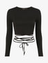 Crop top côtelé à manches longues et liens à nouer - Noir - 4