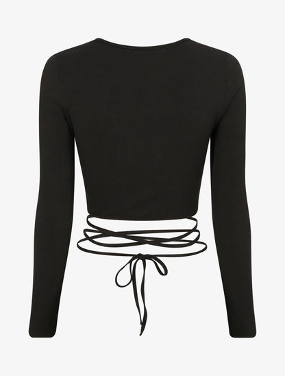 Crop top côtelé à manches longues et liens à nouer - Noir - 2