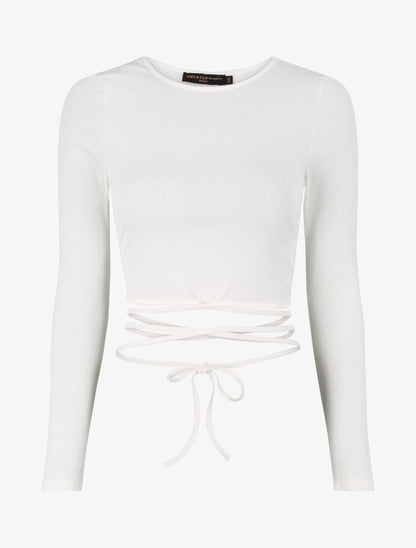 Crop top côtelé à manches longues et liens à nouer - Blanc - 4