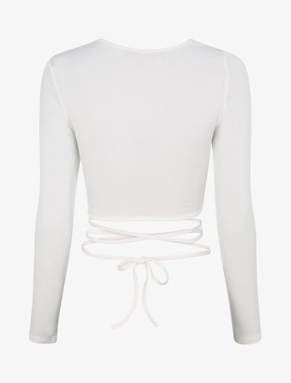 Crop top côtelé à manches longues et liens à nouer - Blanc - 2