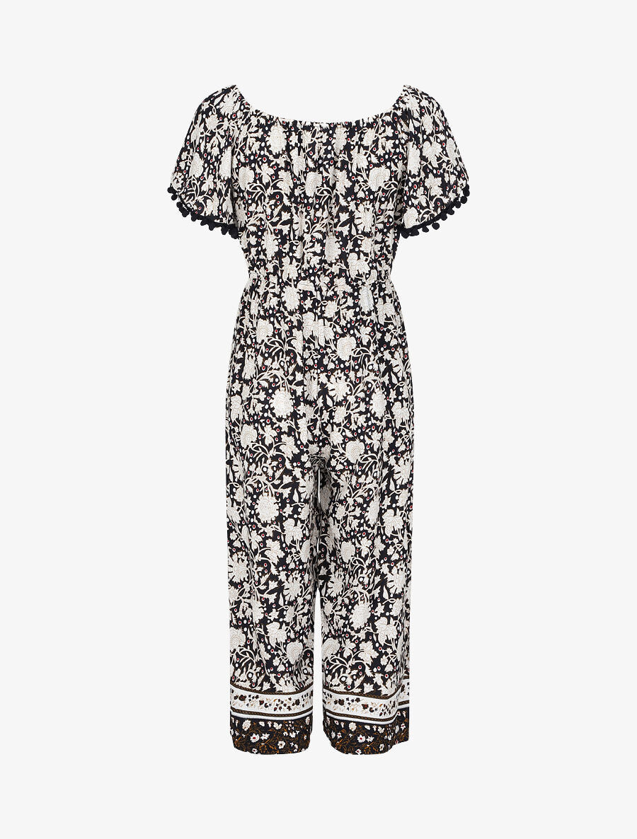 Combinaison imprimé floral stylisé à manches à pompons - Noir - 2