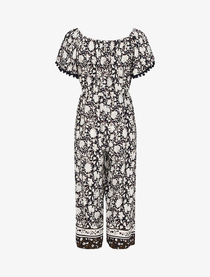 Combinaison imprimé floral stylisé à manches à pompons - Noir - 2