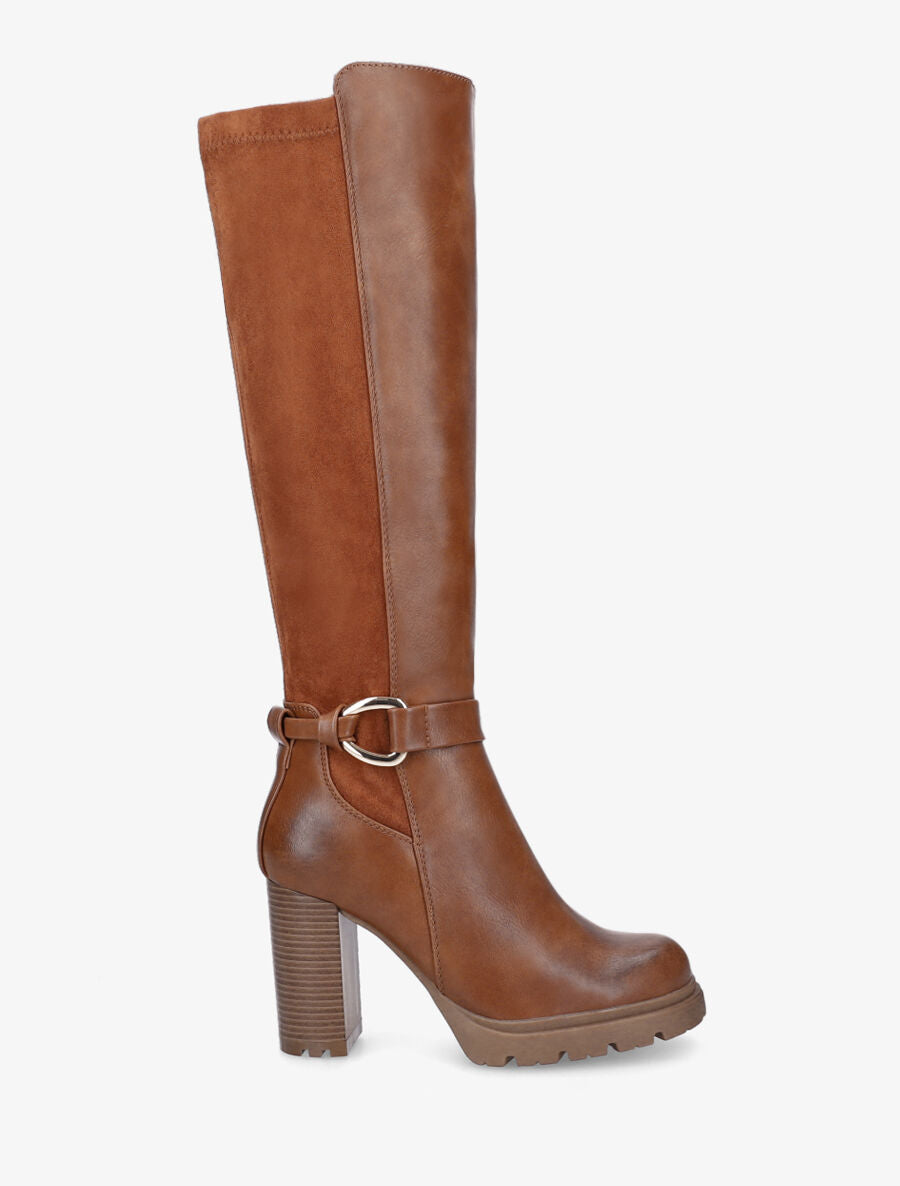 Bottes à talon haut et boucle bi-matière - Camel - 5