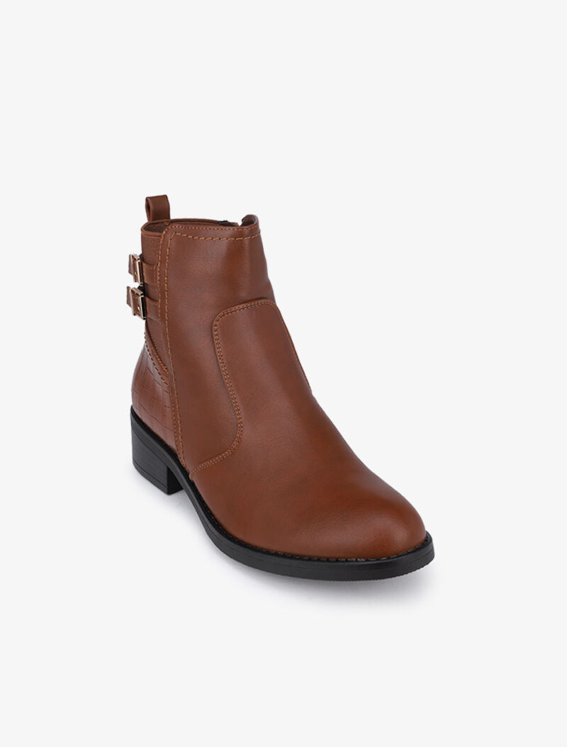 Bottines à sangles et imprimé croco - Camel - 3