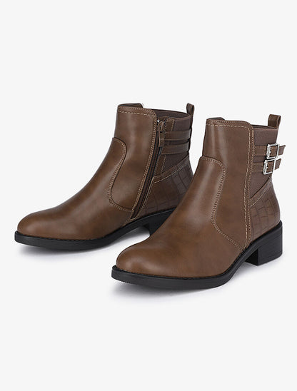 Bottines à sangles et imprimé croco - Marron - 1