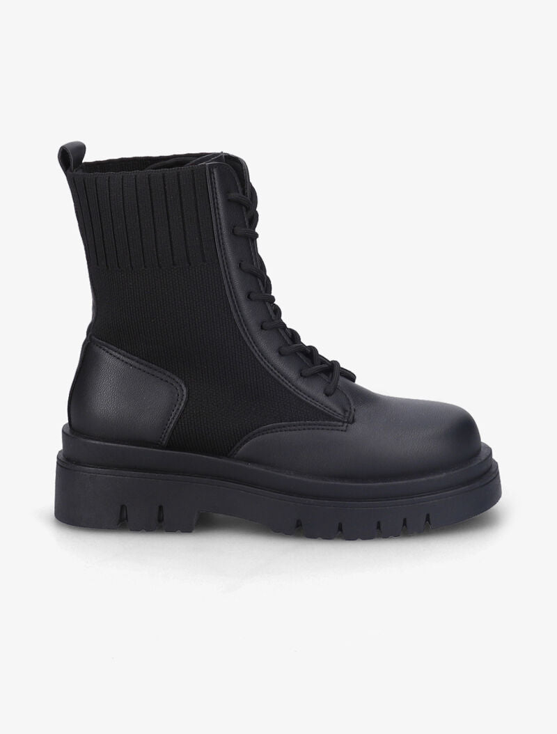 Bottines à lacets en simili et tissu - Noir - 2
