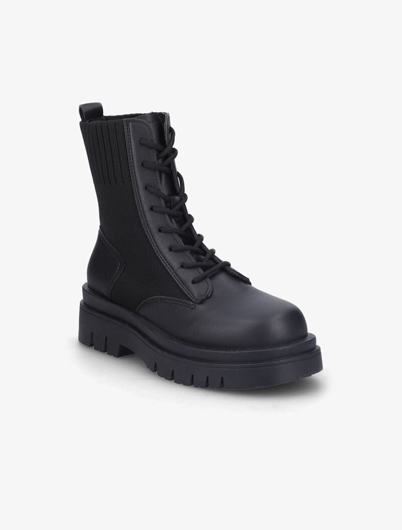 Bottines à lacets en simili et tissu - Noir - 3