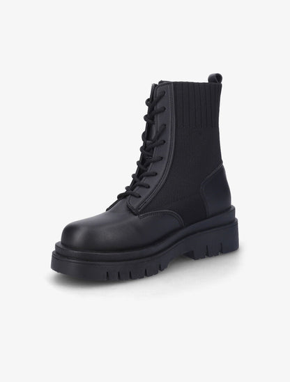 Bottines à lacets en simili et tissu - Noir - 4