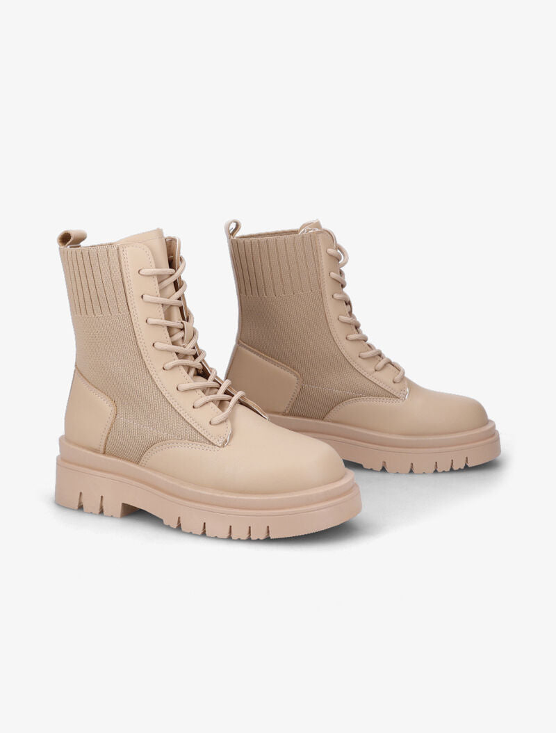 Bottines à lacets en simili et tissu - Taupe - 1