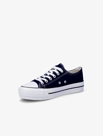 Tennis basses en toile à semelles compensées - Bleu marine - 4