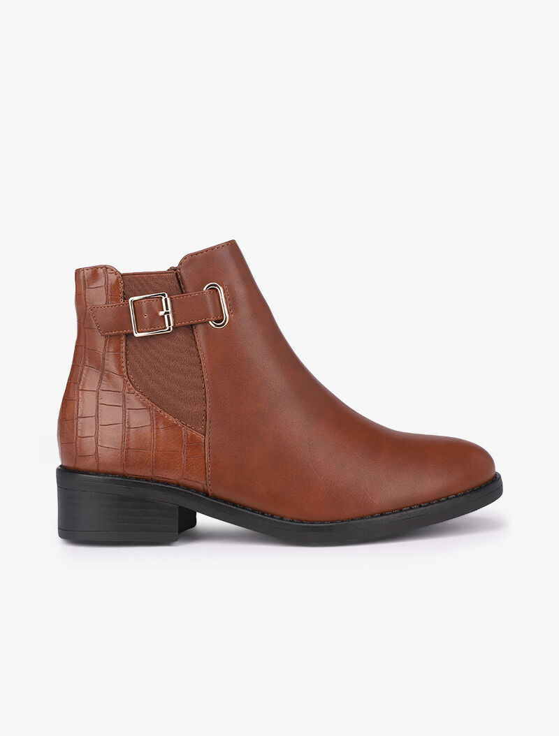 Bottines à contrefort croco et boucle carrée - Camel - 2