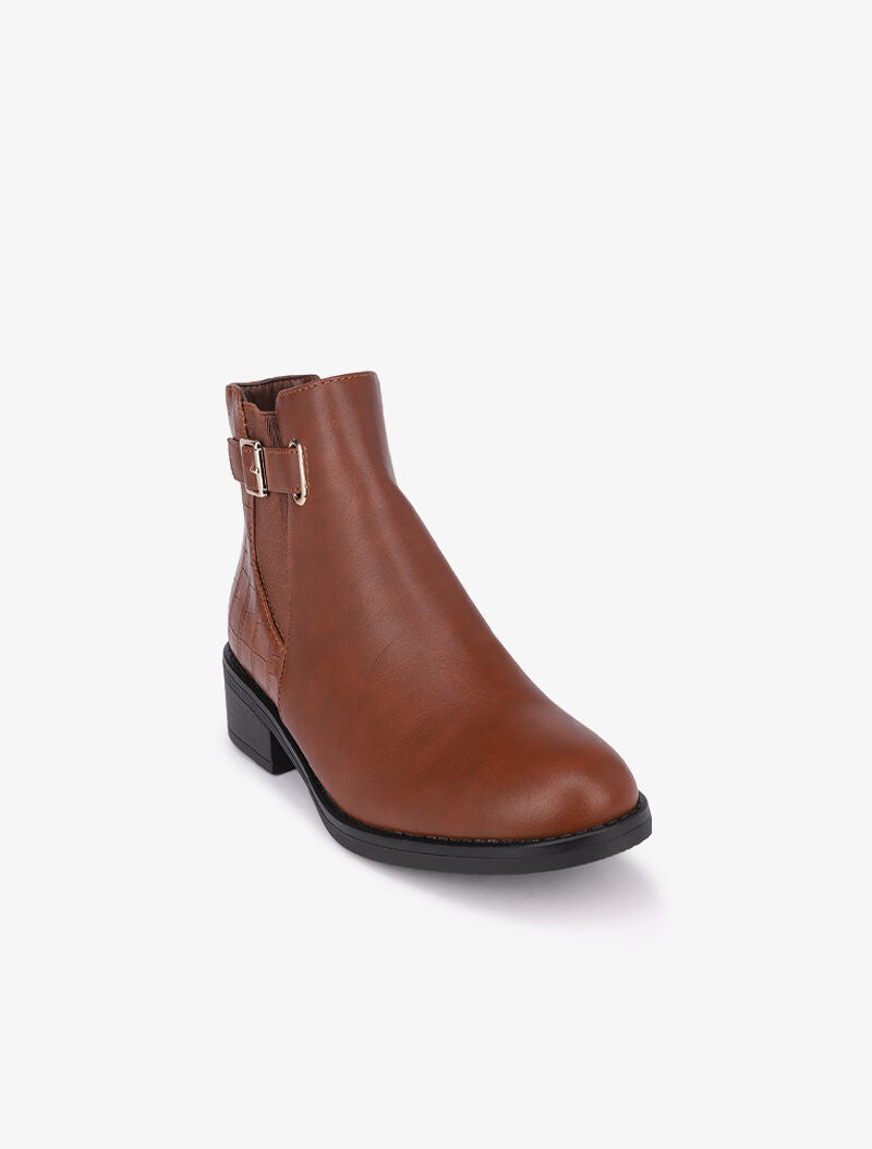 Bottines à contrefort croco et boucle carrée - Camel - 3
