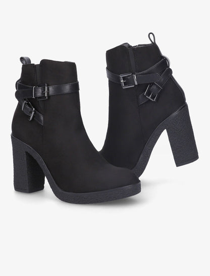 Bottines suédées à talon haut et brides à boucles stylisées - Noir - 1